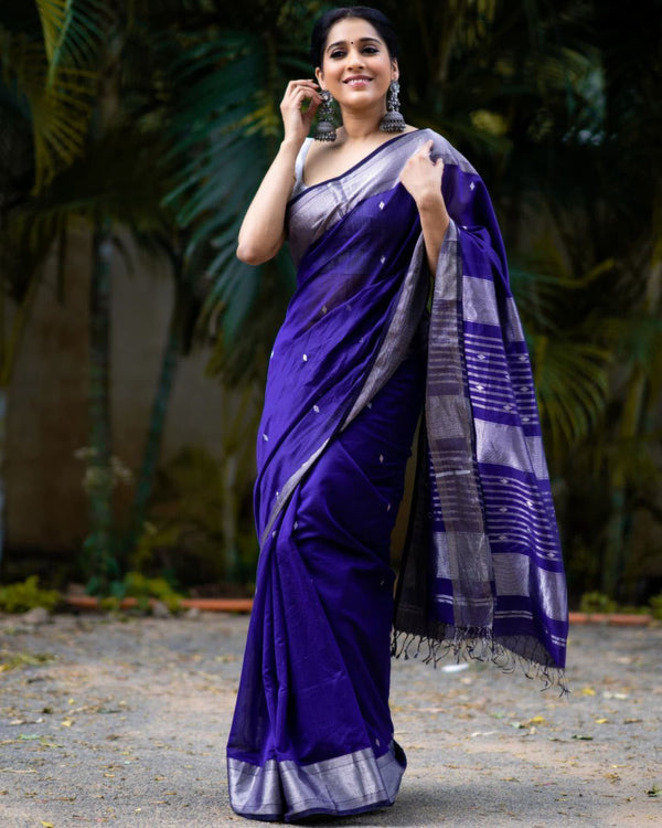 Malishka Jacquard Lichi Silk Blue Saree With Unstitched Blouse Piece - Distacart