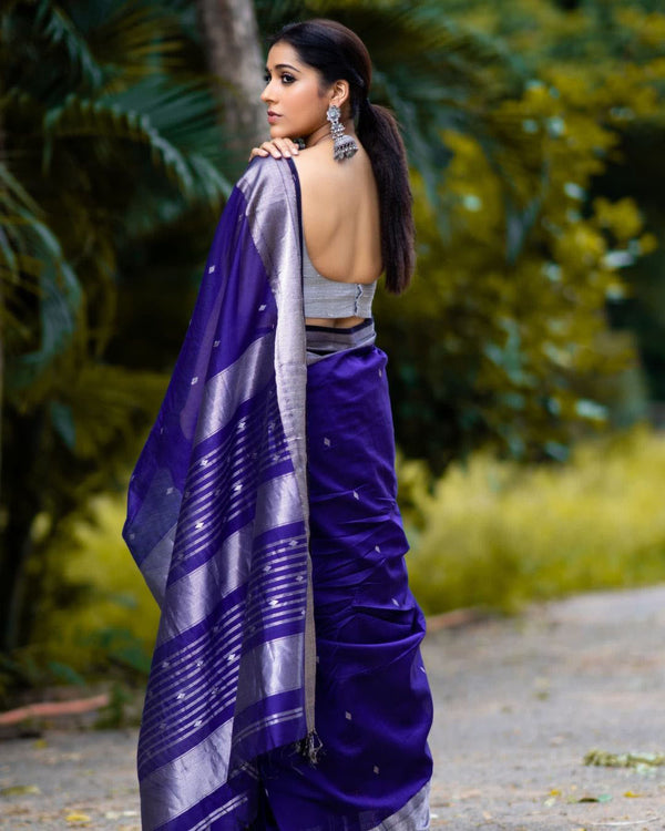 Malishka Jacquard Lichi Silk Blue Saree With Unstitched Blouse Piece - Distacart