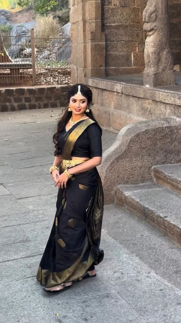 NOZ2TOZ Jacquard Lichi Silk Black Saree With Unstitched Blouse Piece - Distacart
