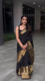 Thumbnail for Malishka Jacquard Lichi Silk Black Saree With Unstitched Blouse Piece - Distacart