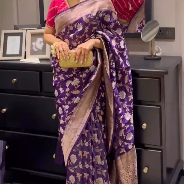 NOZ2TOZ Jacquard Lichi Silk Purple Saree With Unstitched Blouse Piece - Distacart