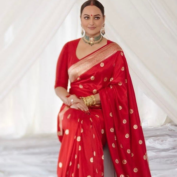 NOZ2TOZ Jacquard Lichi Silk Red Saree With Unstitched Blouse Piece - Distacart