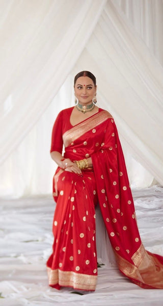 Malishka Jacquard Lichi Silk Red Saree With Unstitched Blouse Piece - Distacart