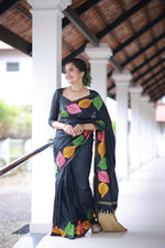 Thumbnail for Malishka Jacquard Lichi Silk Black Saree With Unstitched Blouse Piece - Distacart