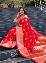Thumbnail for NOZ2TOZ Jacquard Lichi Silk Red Saree With Unstitched Blouse Piece - Distacart