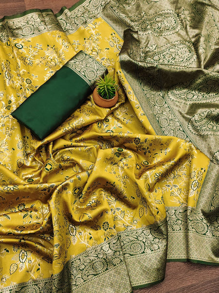 NOZ2TOZ Jacquard Lichi Silk Yellow Saree With Unstitched Blouse Piece - Distacart