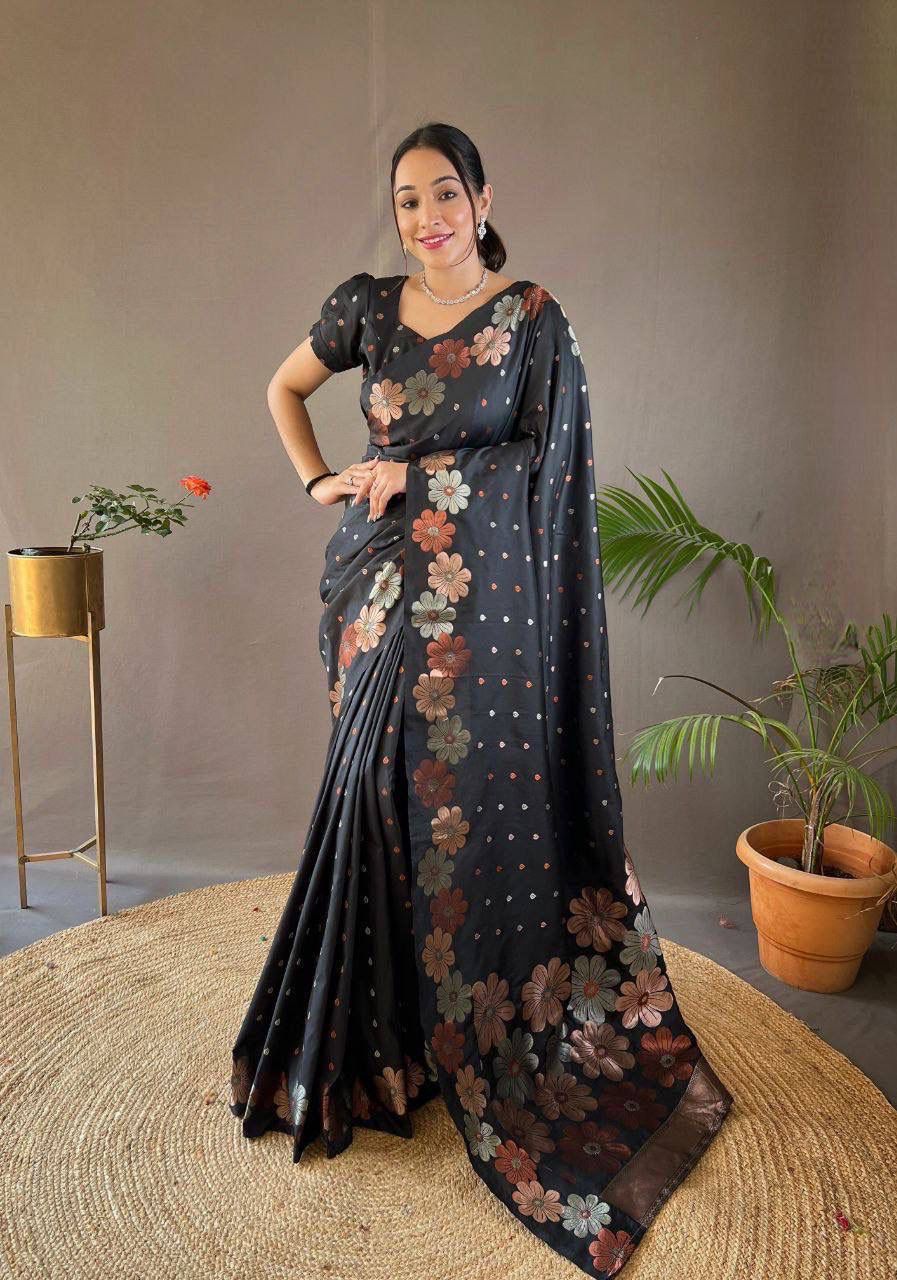 NOZ2TOZ Jacquard Lichi Silk Black Saree With Unstitched Blouse Piece - Distacart