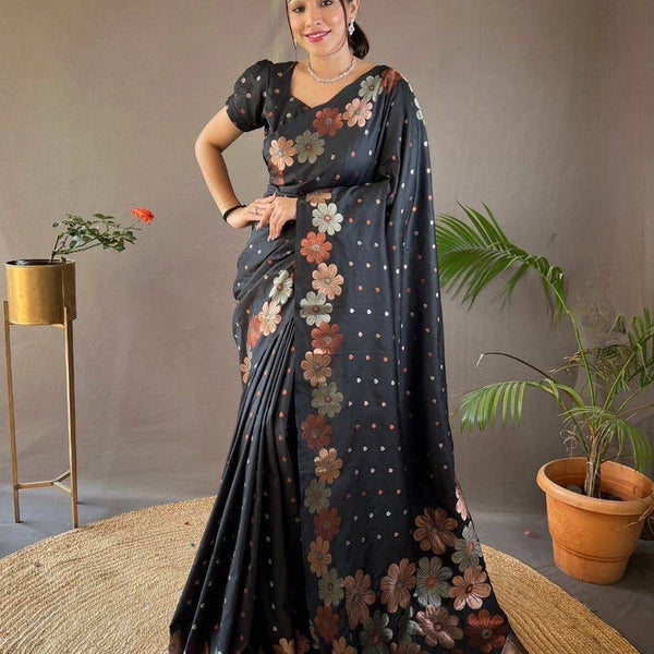 NOZ2TOZ Jacquard Lichi Silk Black Saree With Unstitched Blouse Piece - Distacart
