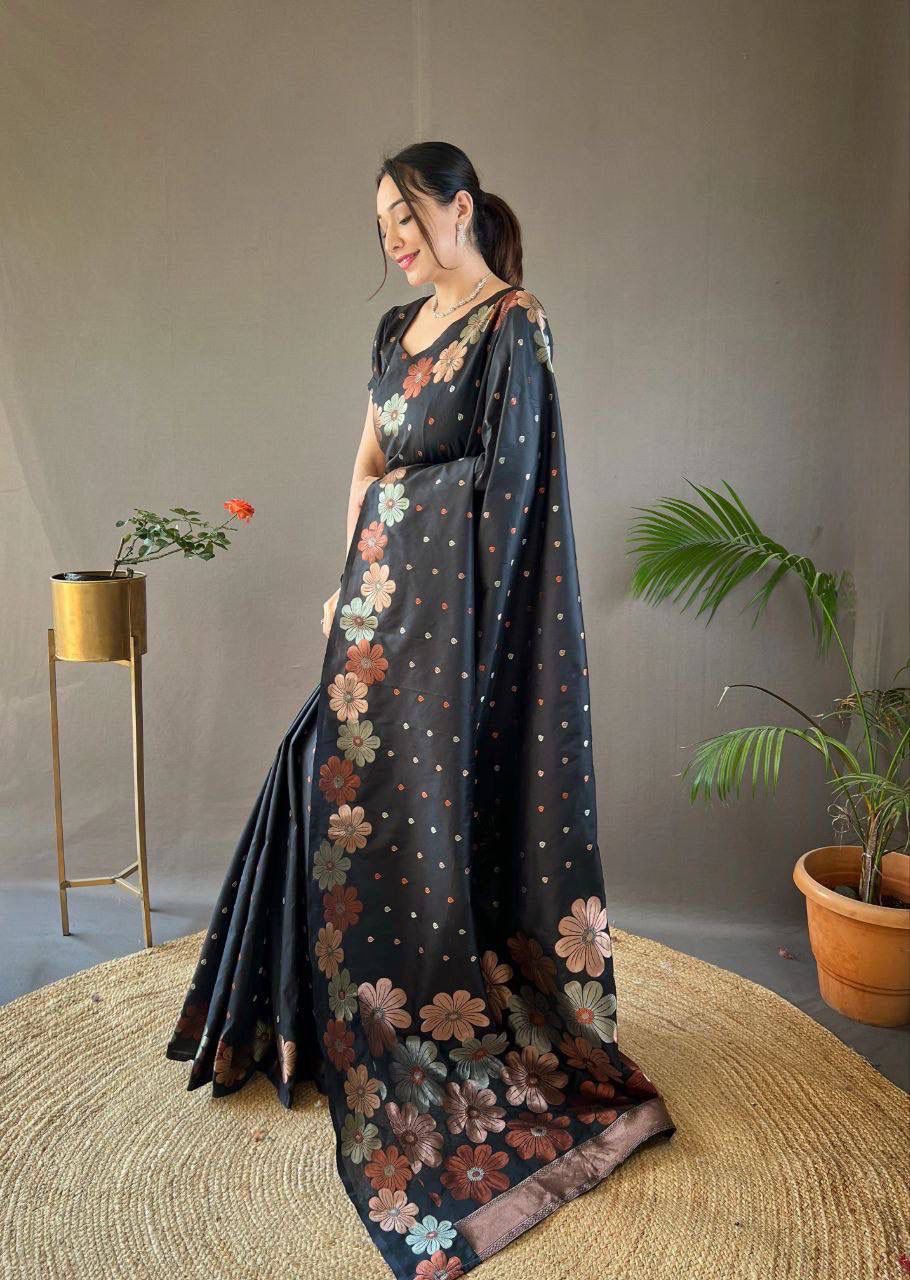 NOZ2TOZ Jacquard Lichi Silk Black Saree With Unstitched Blouse Piece - Distacart