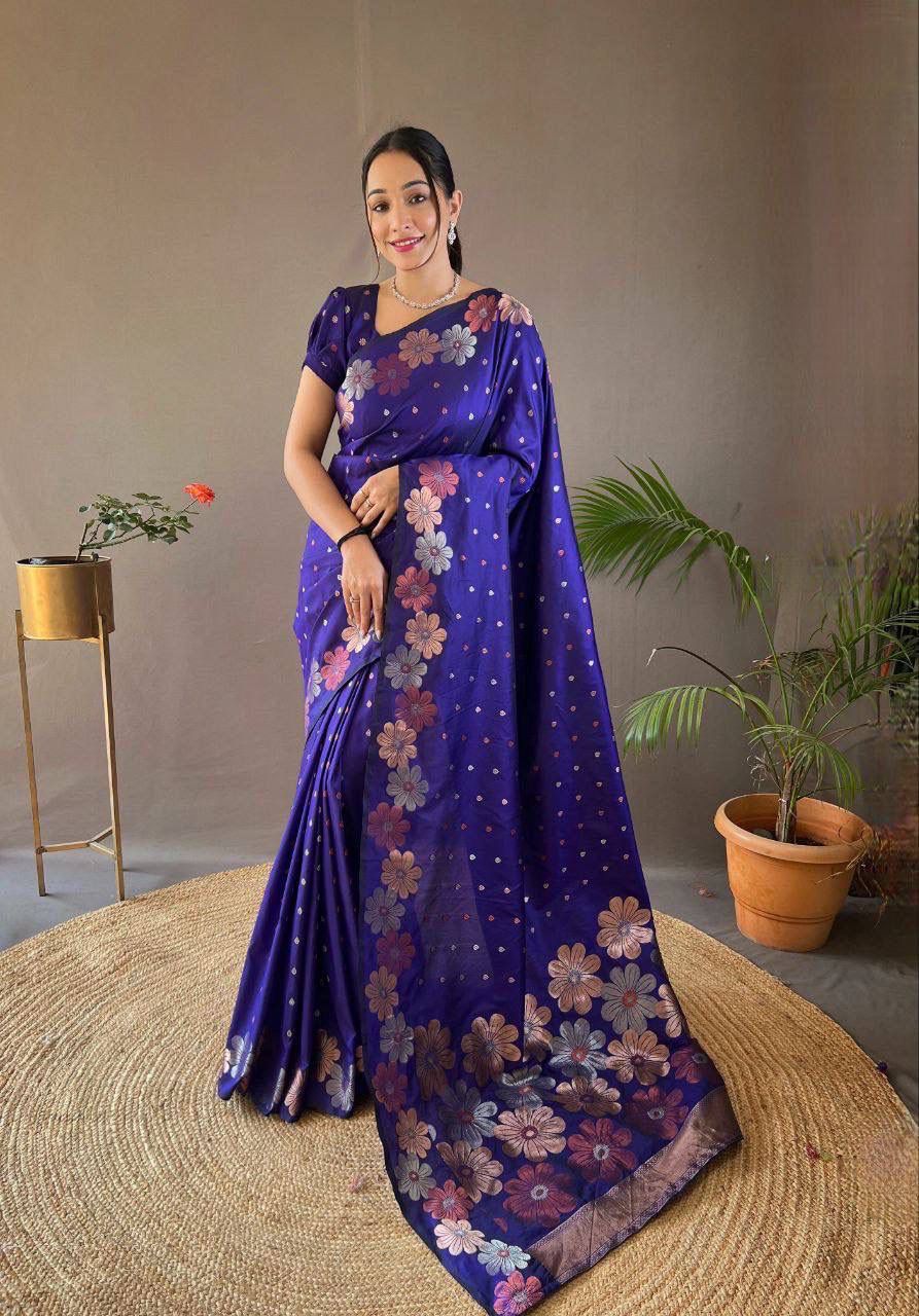 NOZ2TOZ Jacquard Lichi Silk Blue Saree With Unstitched Blouse Piece - Distacart