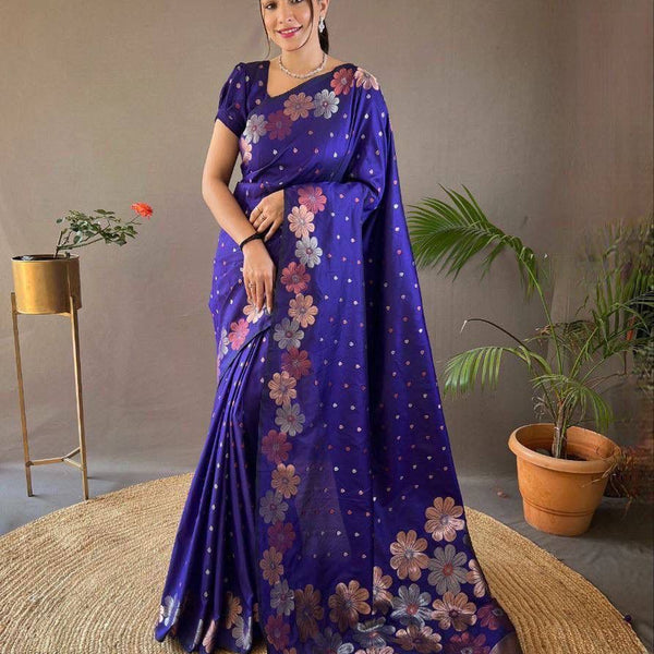 NOZ2TOZ Jacquard Lichi Silk Blue Saree With Unstitched Blouse Piece - Distacart