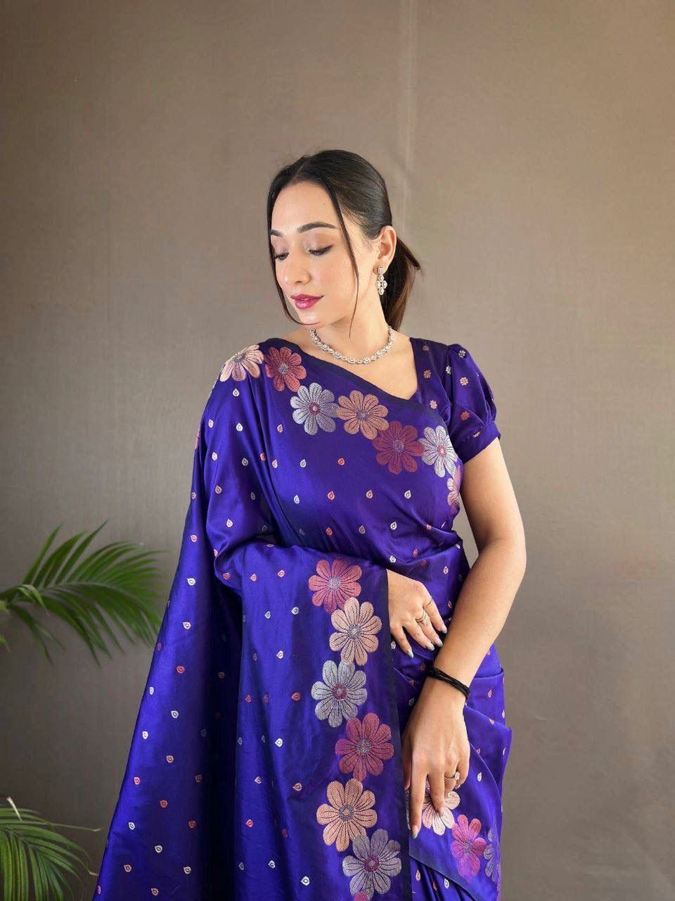 NOZ2TOZ Jacquard Lichi Silk Blue Saree With Unstitched Blouse Piece - Distacart