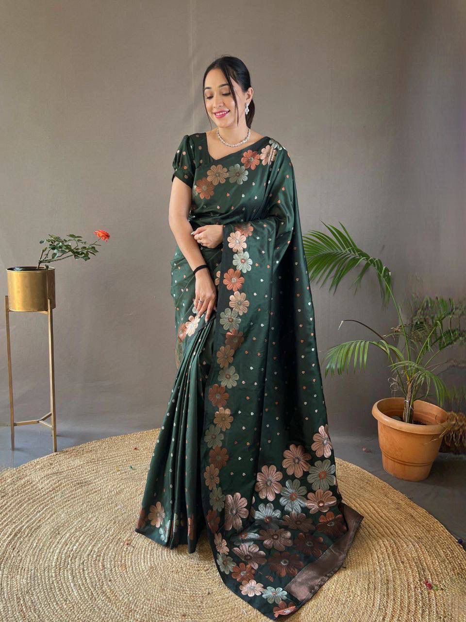 NOZ2TOZ Jacquard Lichi Silk Green Saree With Unstitched Blouse Piece - Distacart