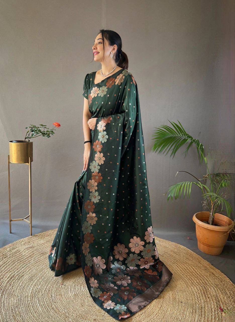 NOZ2TOZ Jacquard Lichi Silk Green Saree With Unstitched Blouse Piece - Distacart