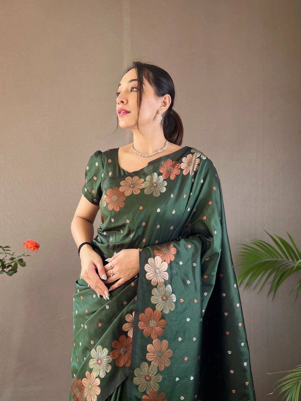 NOZ2TOZ Jacquard Lichi Silk Green Saree With Unstitched Blouse Piece - Distacart