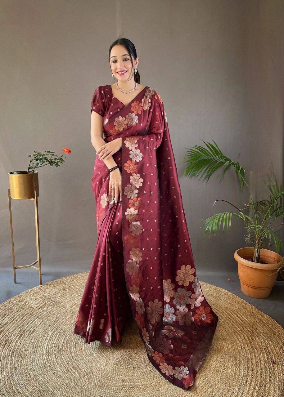 NOZ2TOZ Jacquard Lichi Silk Maroon Saree With Unstitched Blouse Piece - Distacart
