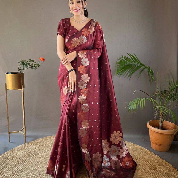 NOZ2TOZ Jacquard Lichi Silk Maroon Saree With Unstitched Blouse Piece - Distacart