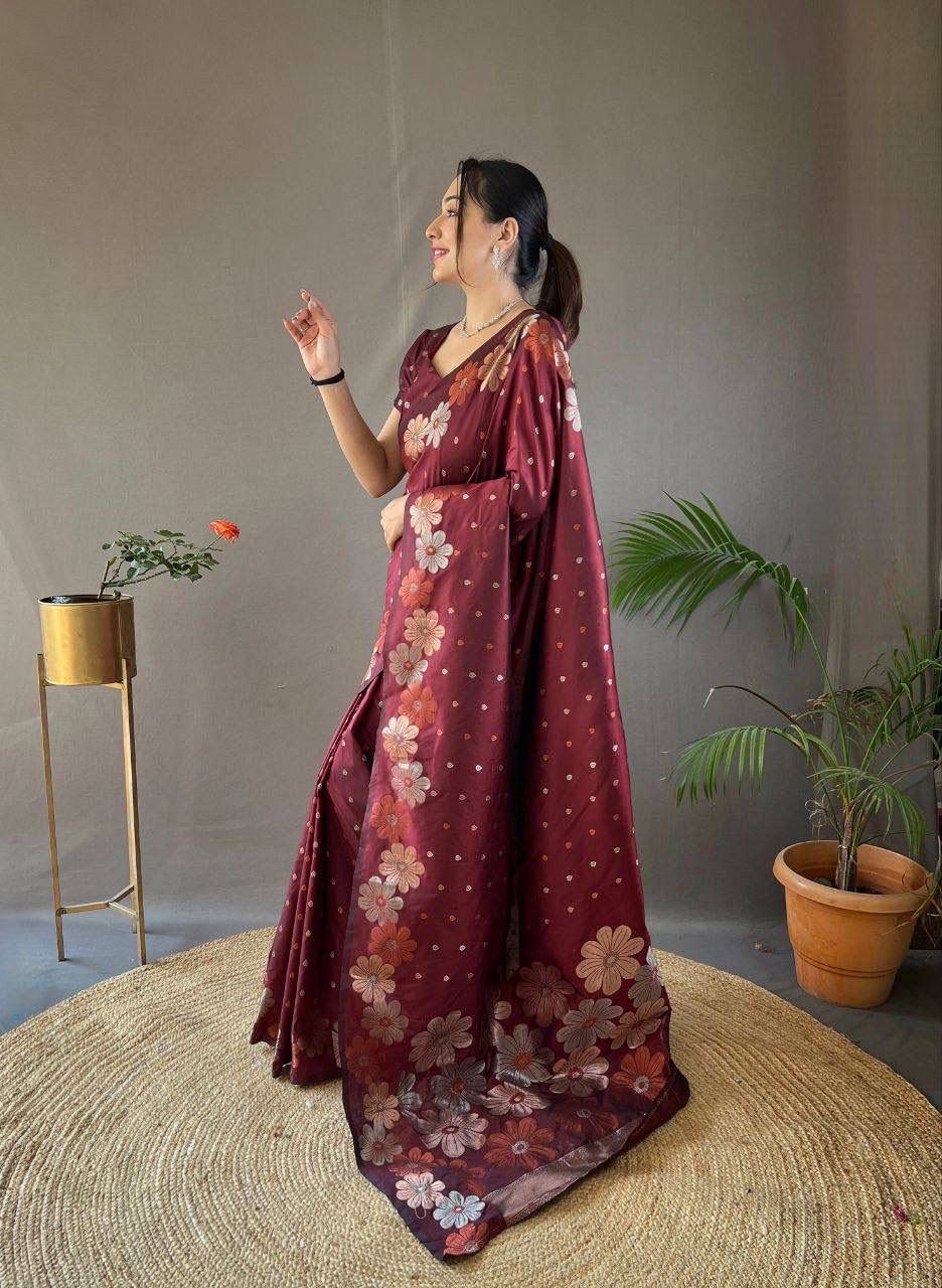 NOZ2TOZ Jacquard Lichi Silk Maroon Saree With Unstitched Blouse Piece - Distacart