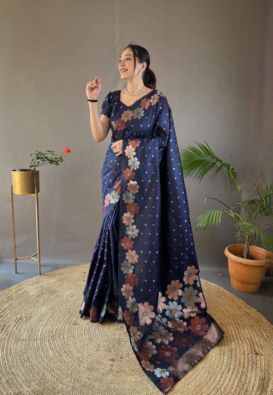 NOZ2TOZ Jacquard Lichi Silk Navy Blue Saree With Unstitched Blouse Piece - Distacart