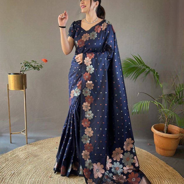 NOZ2TOZ Jacquard Lichi Silk Navy Blue Saree With Unstitched Blouse Piece - Distacart