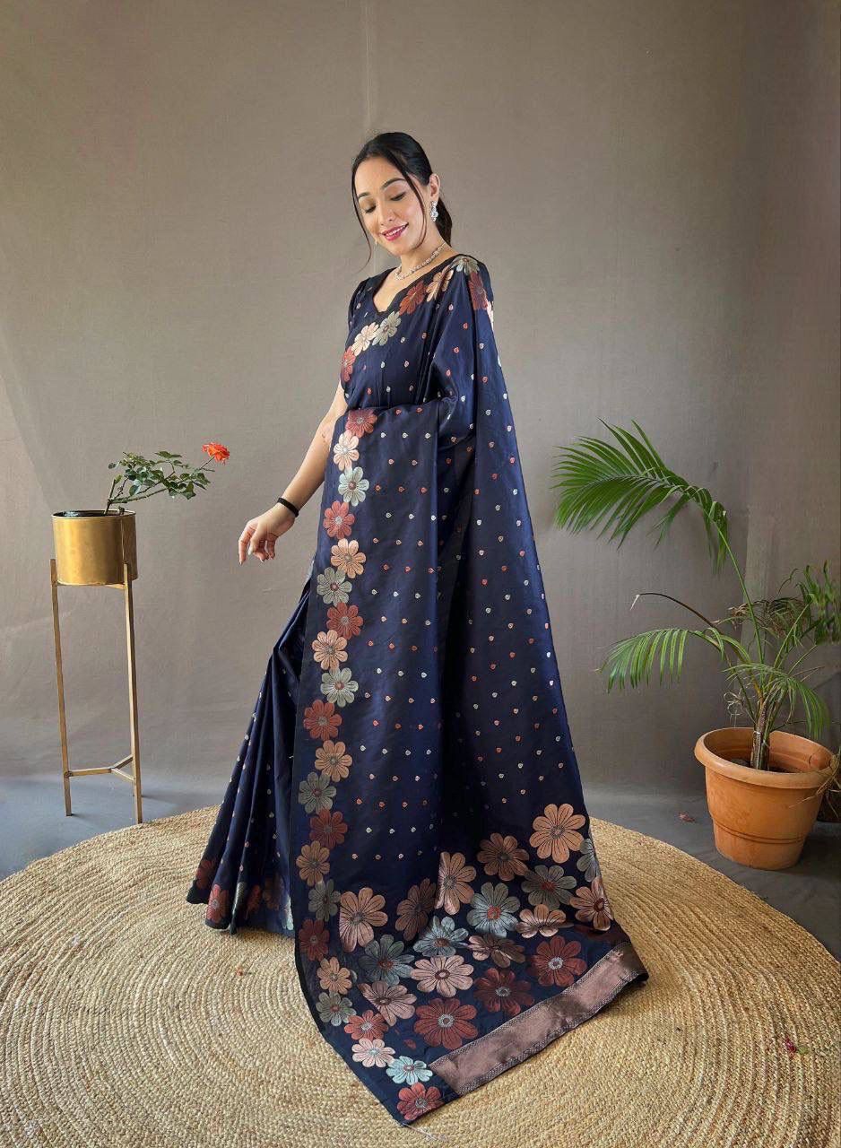 NOZ2TOZ Jacquard Lichi Silk Navy Blue Saree With Unstitched Blouse Piece - Distacart