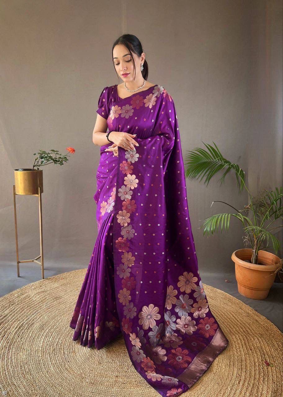 NOZ2TOZ Jacquard Lichi Silk Purple Saree With Unstitched Blouse Piece - Distacart