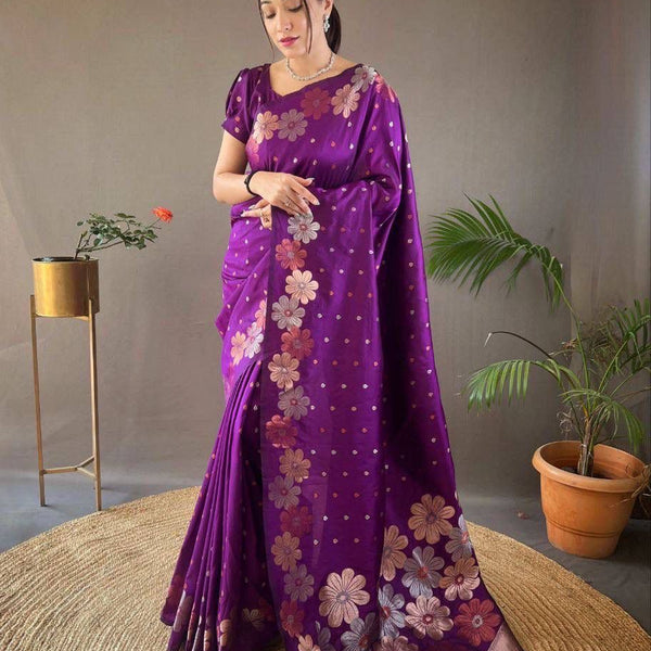 NOZ2TOZ Jacquard Lichi Silk Purple Saree With Unstitched Blouse Piece - Distacart