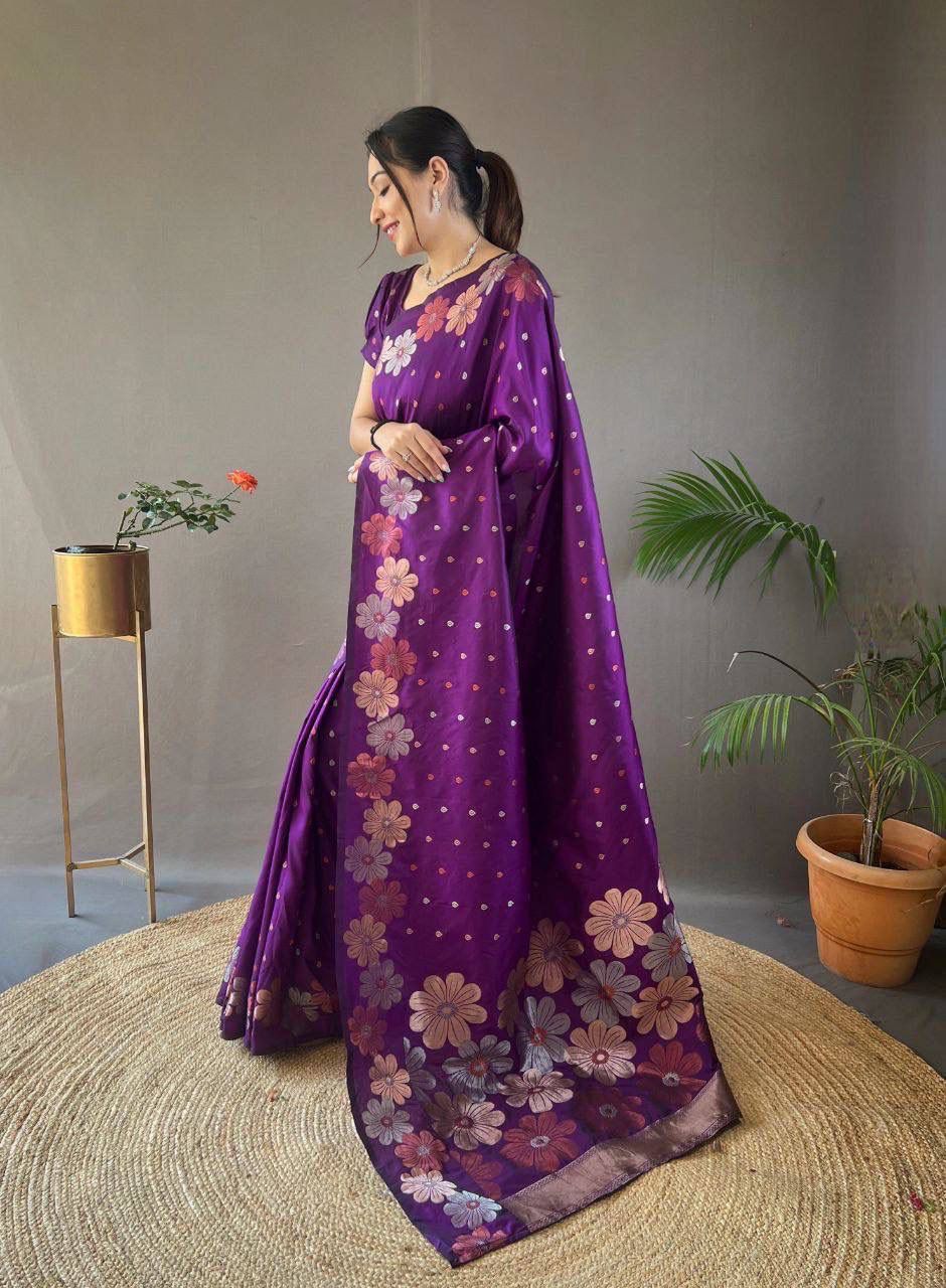 NOZ2TOZ Jacquard Lichi Silk Purple Saree With Unstitched Blouse Piece - Distacart
