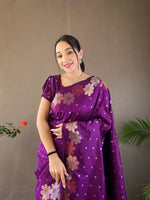Thumbnail for Malishka Jacquard Lichi Silk Purple Saree With Unstitched Blouse Piece
