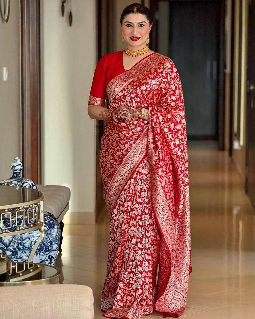 NOZ2TOZ Jacquard Lichi Silk Red Saree With Unstitched Blouse Piece - Distacart