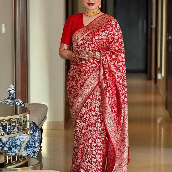 NOZ2TOZ Jacquard Lichi Silk Red Saree With Unstitched Blouse Piece - Distacart