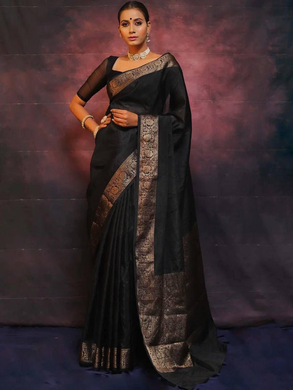 Malishka Jacquard Lichi Silk Black Saree With Unstitched Blouse Piece - Distacart