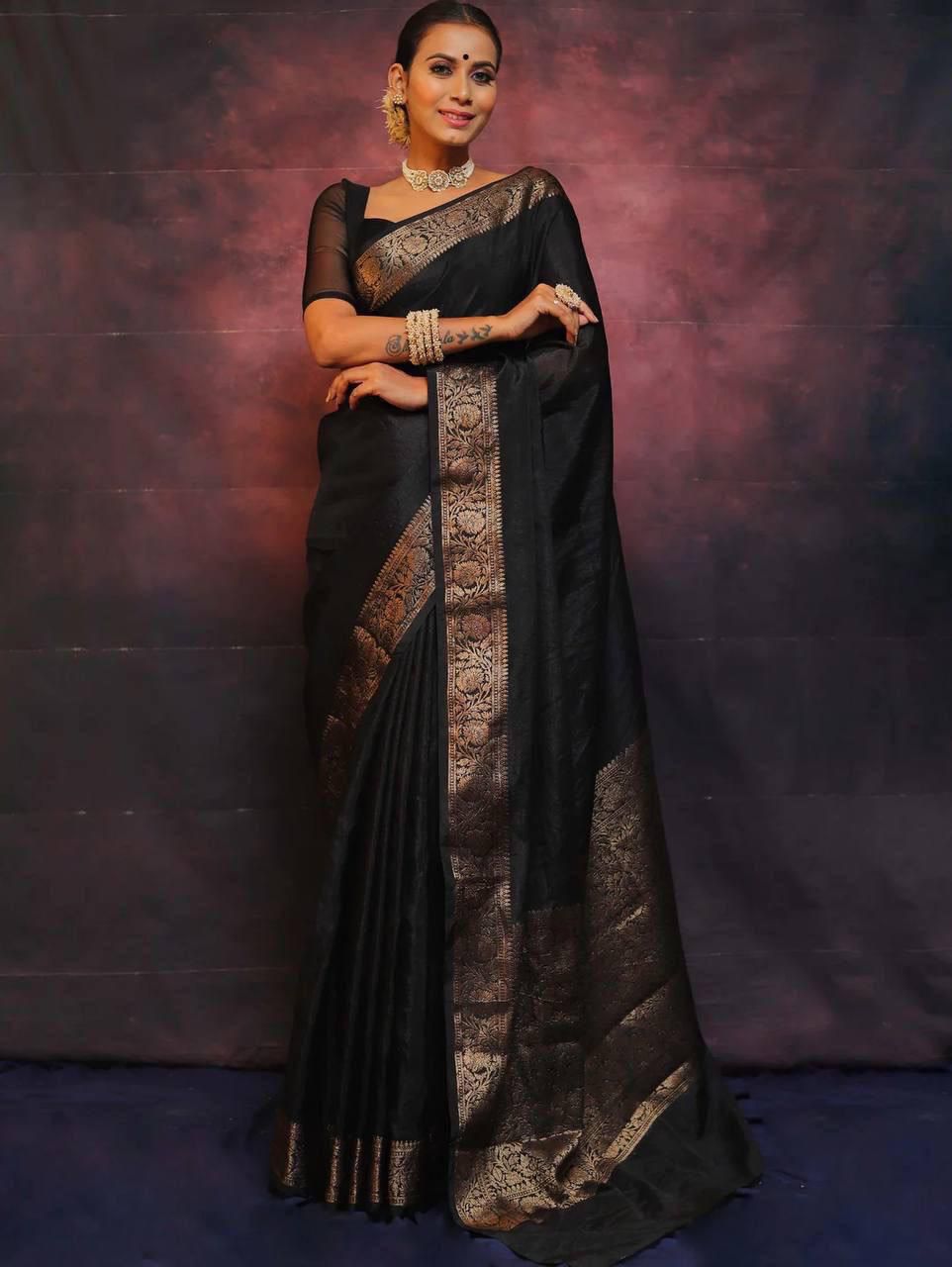 Malishka Jacquard Lichi Silk Black Saree With Unstitched Blouse Piece - Distacart