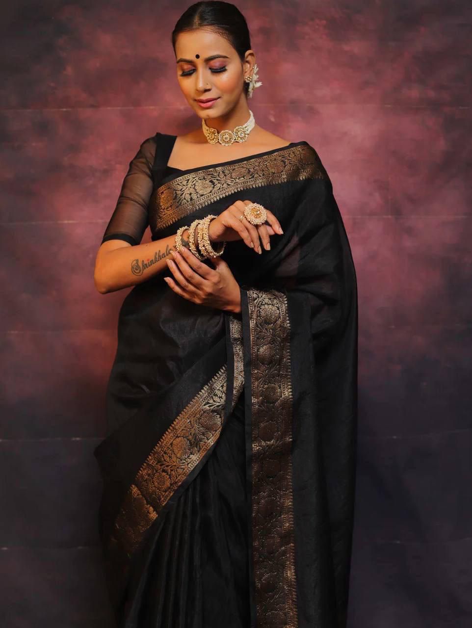 Malishka Jacquard Lichi Silk Black Saree With Unstitched Blouse Piece - Distacart