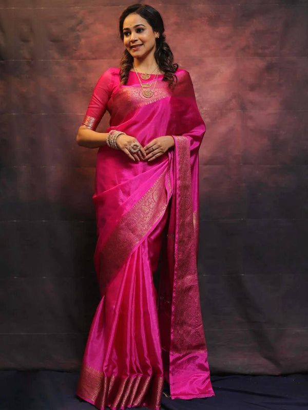 Malishka Jacquard Lichi Silk Pink Saree With Unstitched Blouse Piece - Distacart