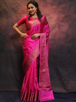 Thumbnail for Malishka Jacquard Lichi Silk Pink Saree With Unstitched Blouse Piece - Distacart