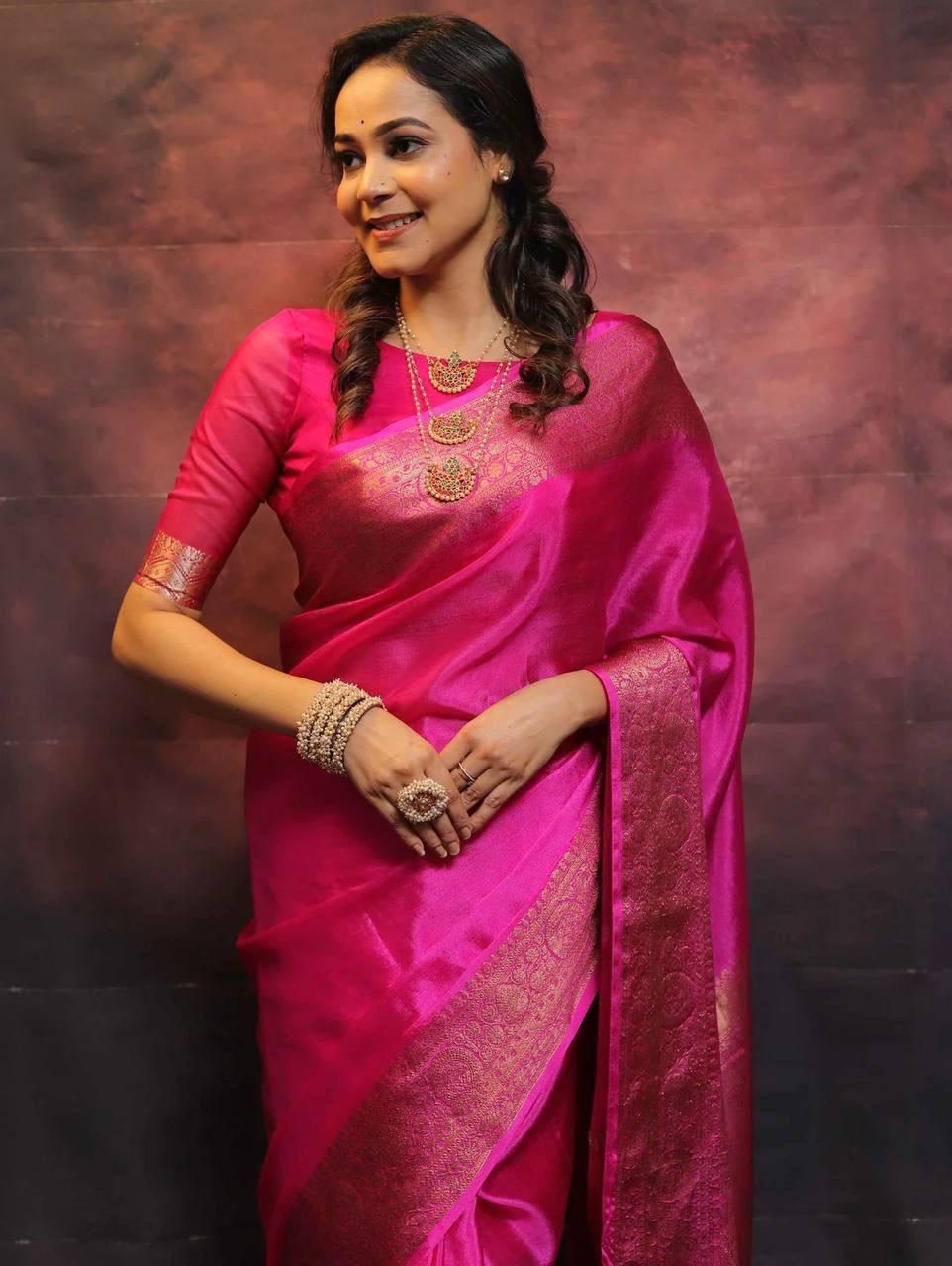 Malishka Jacquard Lichi Silk Pink Saree With Unstitched Blouse Piece - Distacart