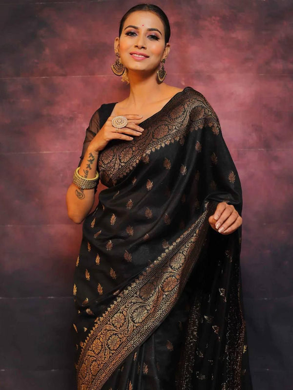 Malishka Jacquard Lichi Silk Black Saree With Unstitched Blouse Piece - Distacart