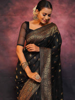 Thumbnail for Malishka Jacquard Lichi Silk Black Saree With Unstitched Blouse Piece - Distacart