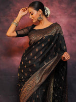 Thumbnail for Malishka Jacquard Lichi Silk Black Saree With Unstitched Blouse Piece - Distacart