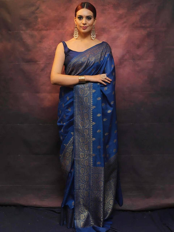 Malishka Jacquard Lichi Silk Blue Saree With Unstitched Blouse Piece - Distacart