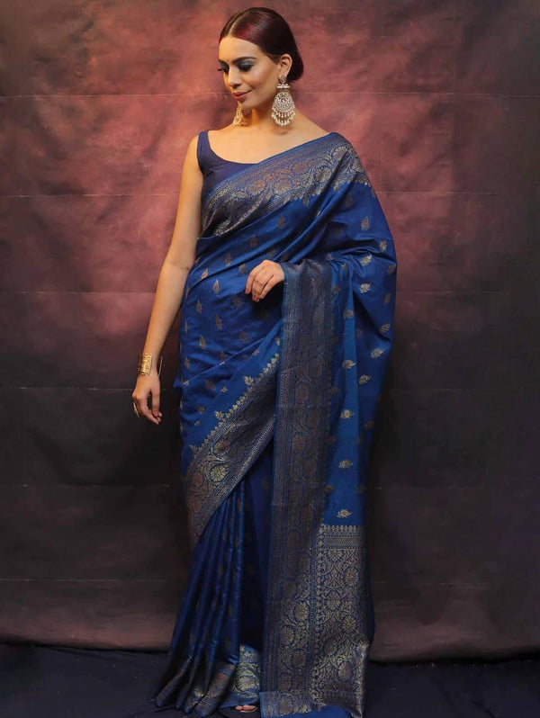 Malishka Jacquard Lichi Silk Blue Saree With Unstitched Blouse Piece - Distacart