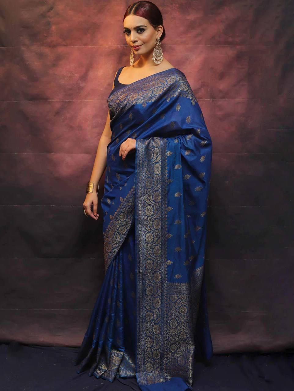 Malishka Jacquard Lichi Silk Blue Saree With Unstitched Blouse Piece - Distacart