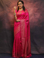 Thumbnail for Malishka Jacquard Lichi Silk Pink Saree With Unstitched Blouse Piece - Distacart