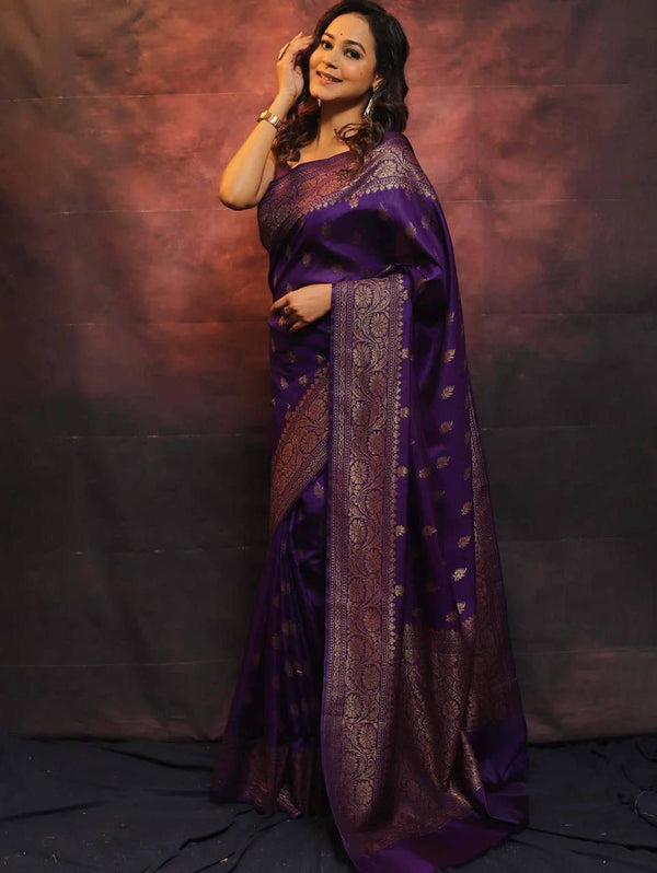 Malishka Jacquard Lichi Silk Purple Saree With Unstitched Blouse Piece - Distacart