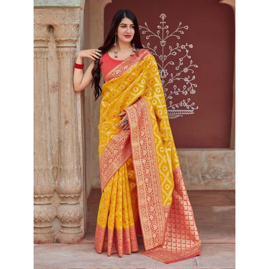 NOZ2TOZ Jacquard Lichi Silk Yellow Saree With Unstitched Blouse Piece - Distacart