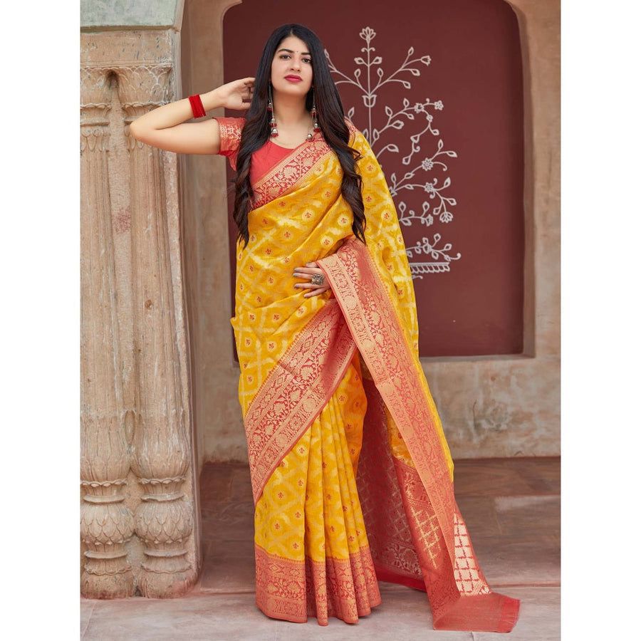 NOZ2TOZ Jacquard Lichi Silk Yellow Saree With Unstitched Blouse Piece - Distacart