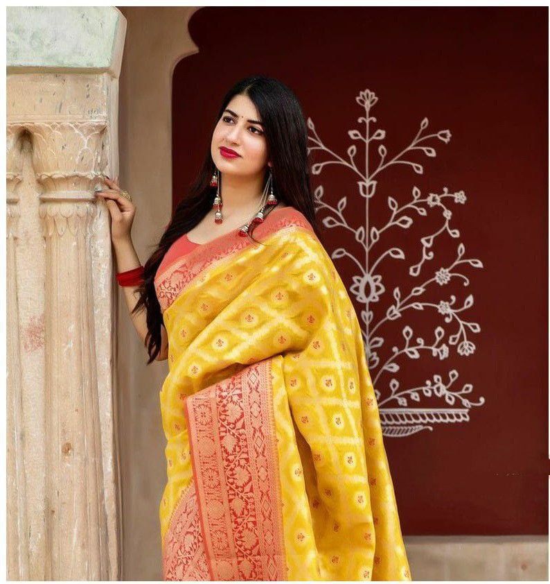 NOZ2TOZ Jacquard Lichi Silk Yellow Saree With Unstitched Blouse Piece - Distacart