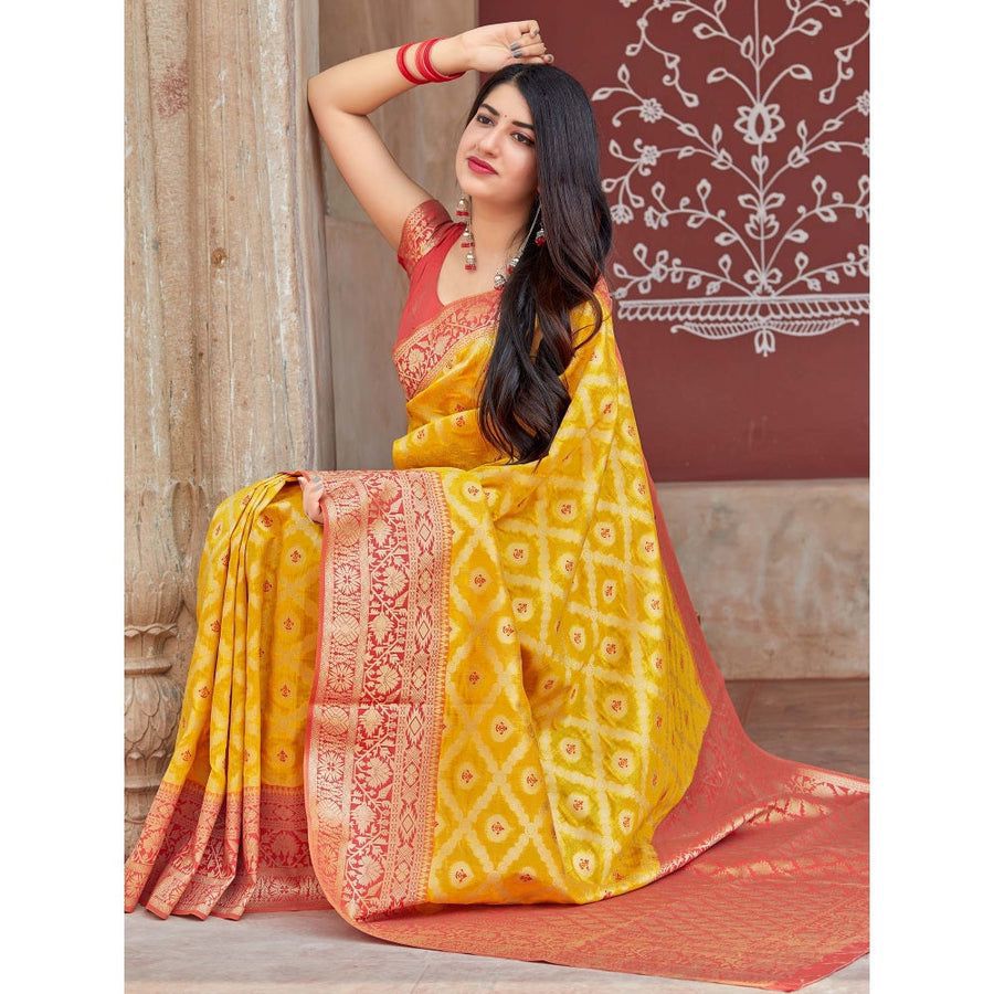 NOZ2TOZ Jacquard Lichi Silk Yellow Saree With Unstitched Blouse Piece - Distacart