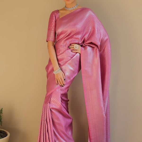 NOZ2TOZ Jacquard Lichi Silk Pink Saree With Unstitched Blouse Piece - Distacart